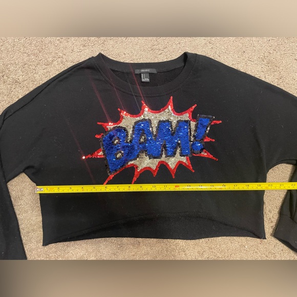 Forever21 Sequin Sparkle “BAM” Comic Style Pop Cropped Long Sleeve Crew Neck - Picture 10 of 11